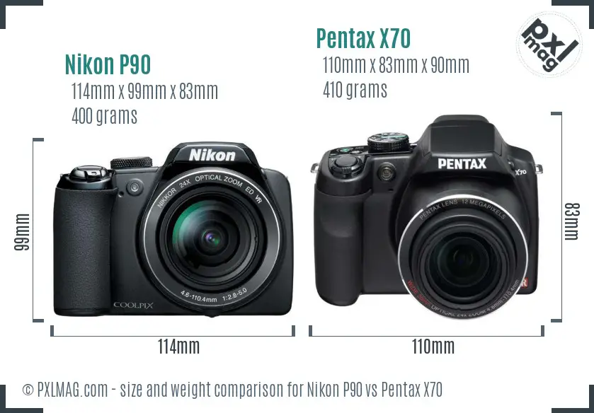 Nikon P90 vs Pentax X70 size comparison