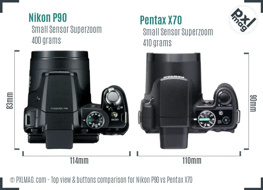 Nikon P90 vs Pentax X70 top view buttons comparison