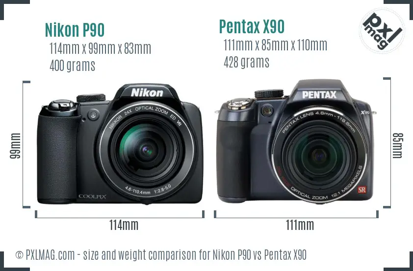 Nikon P90 vs Pentax X90 size comparison