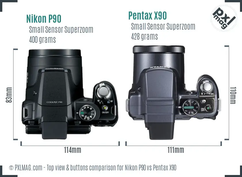 Nikon P90 vs Pentax X90 top view buttons comparison