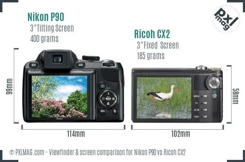 Nikon P90 vs Ricoh CX2 Screen and Viewfinder comparison Nikon P90 vs Ricoh CX2 Screen and Viewfinder comparison