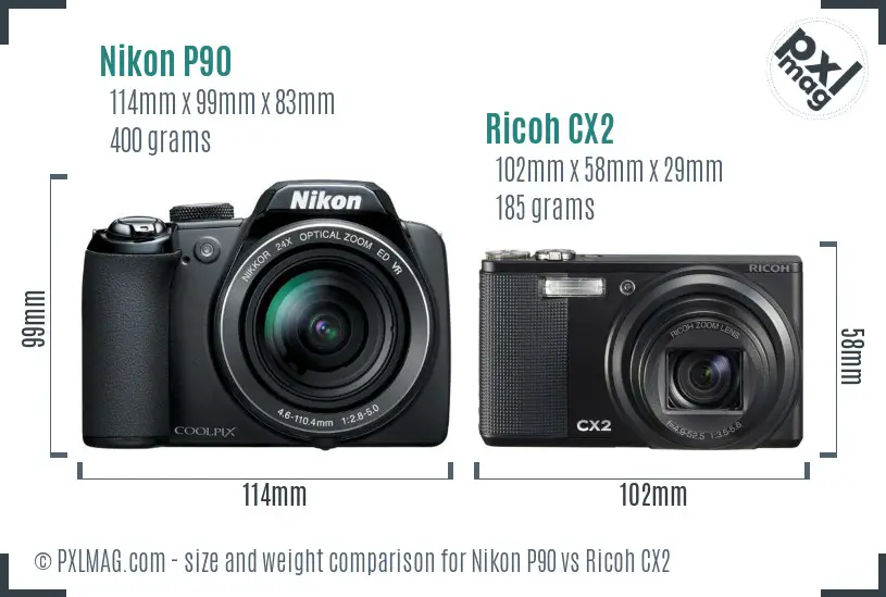Nikon P90 vs Ricoh CX2 size comparison Nikon P90 vs Ricoh CX2 size comparison