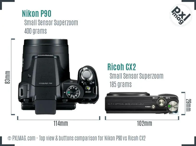 Nikon P90 vs Ricoh CX2 top view buttons comparison Nikon P90 vs Ricoh CX2 top view buttons comparison