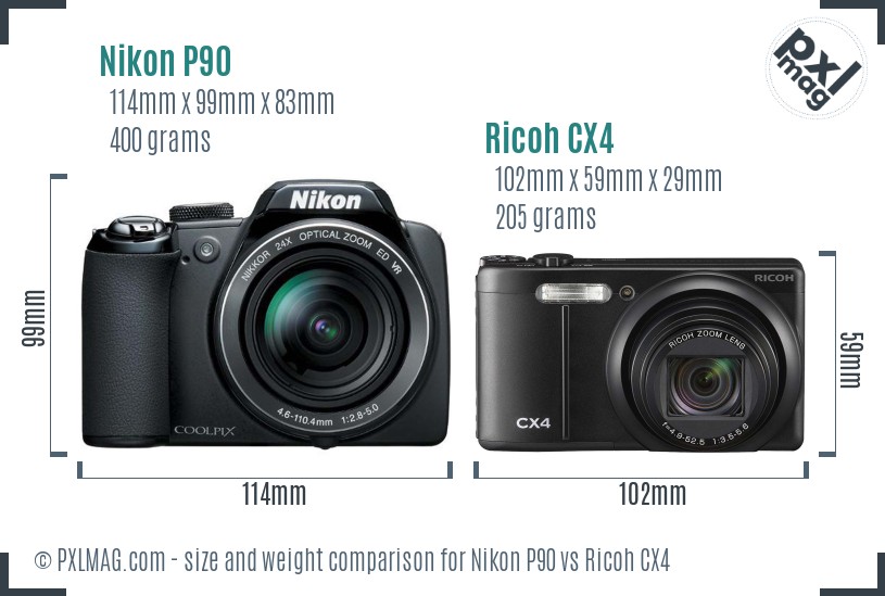 Nikon P90 vs Ricoh CX4 size comparison