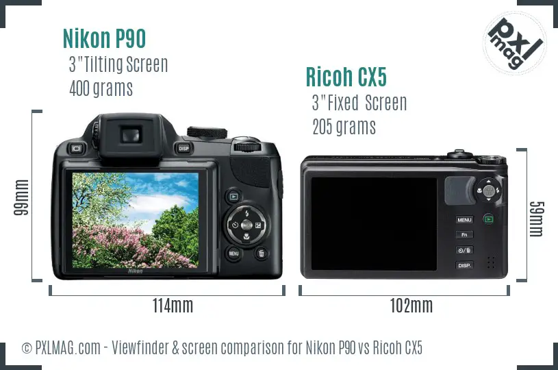 Nikon P90 vs Ricoh CX5 Screen and Viewfinder comparison