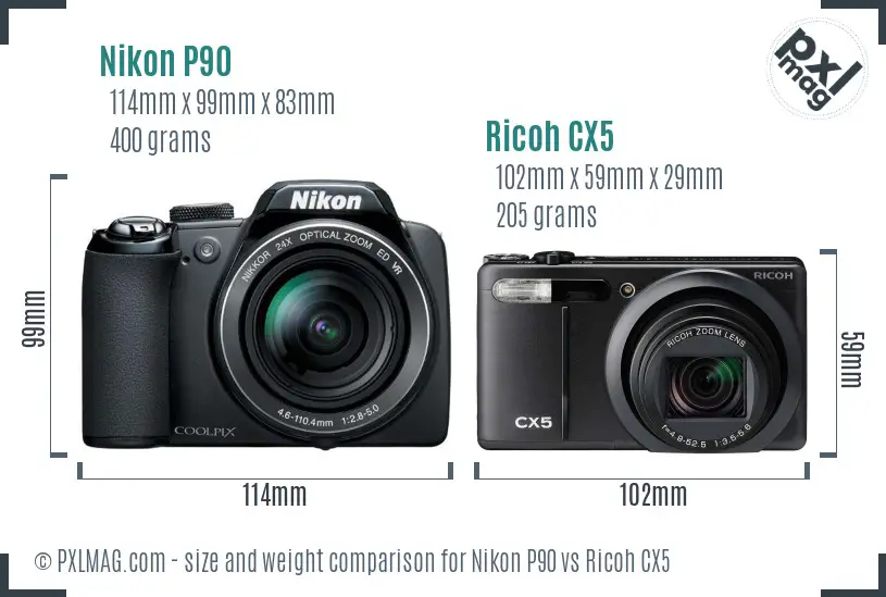 Nikon P90 vs Ricoh CX5 size comparison