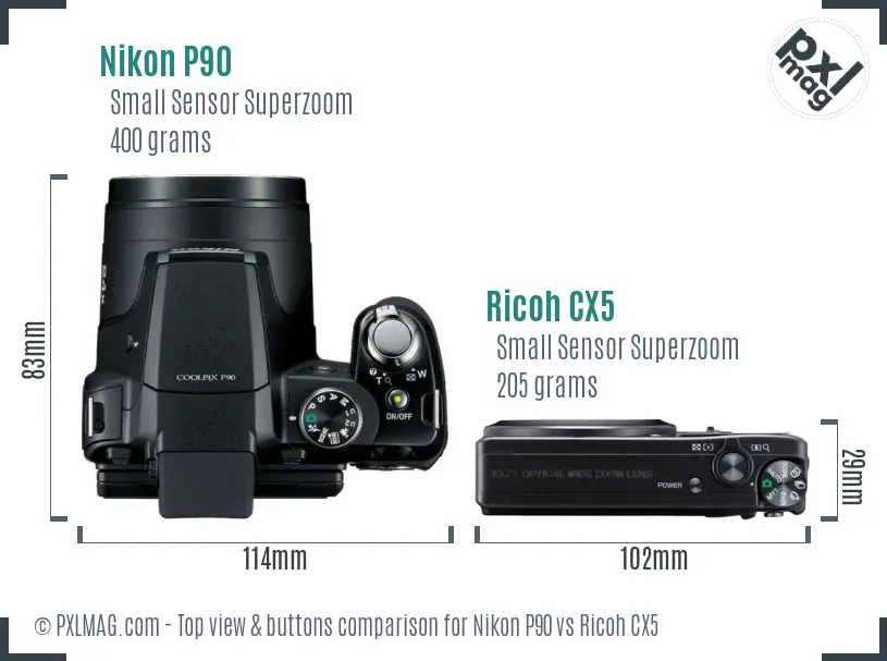 Nikon P90 vs Ricoh CX5 top view buttons comparison