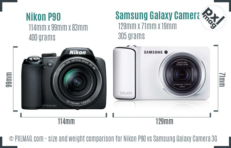 Nikon P90 vs Samsung Galaxy Camera 3G size comparison