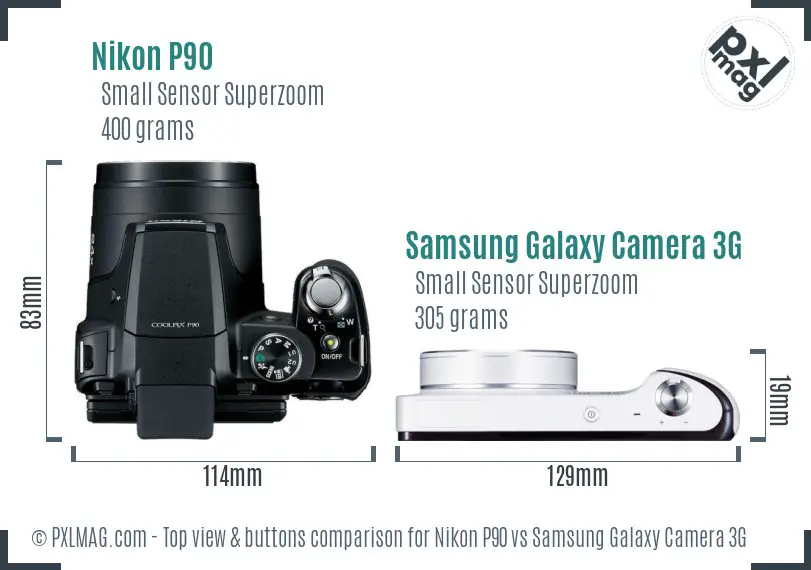 Nikon P90 vs Samsung Galaxy Camera 3G top view buttons comparison