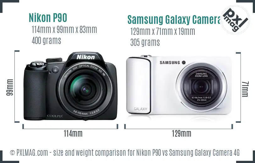 Nikon P90 vs Samsung Galaxy Camera 4G size comparison