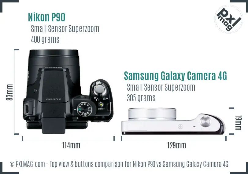 Nikon P90 vs Samsung Galaxy Camera 4G top view buttons comparison