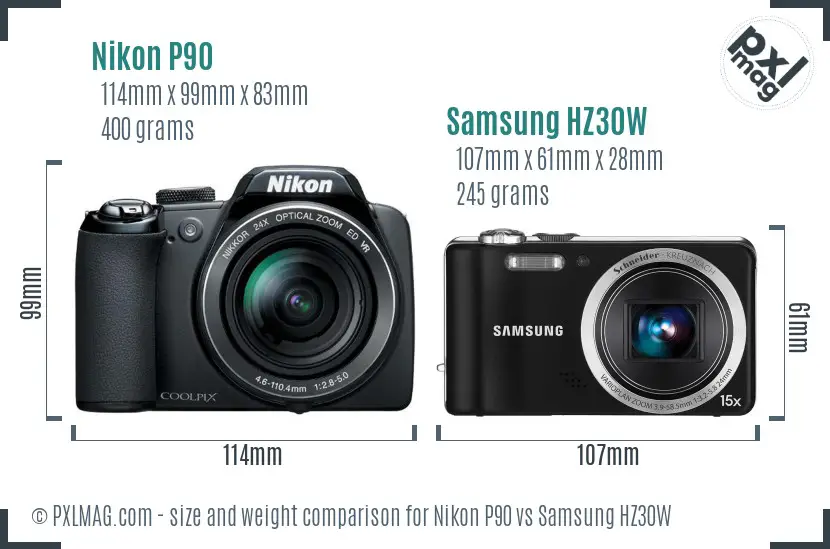 Nikon P90 vs Samsung HZ30W size comparison