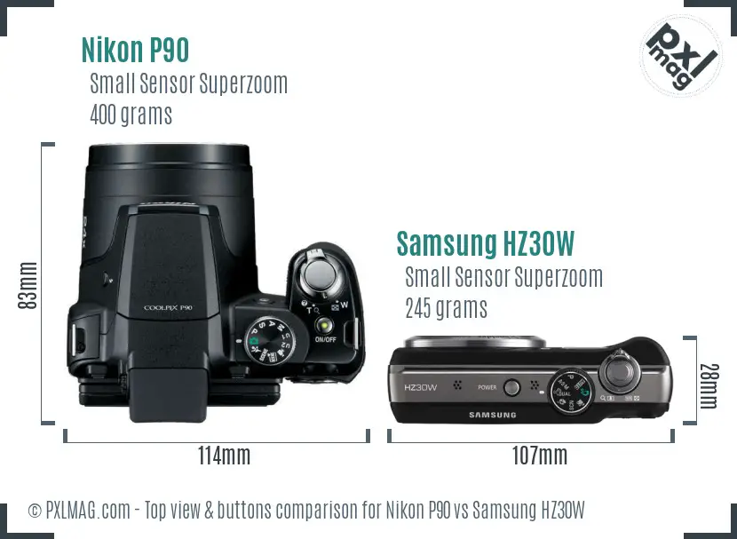 Nikon P90 vs Samsung HZ30W top view buttons comparison