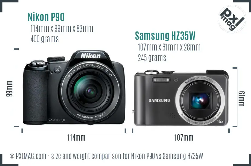 Nikon P90 vs Samsung HZ35W size comparison