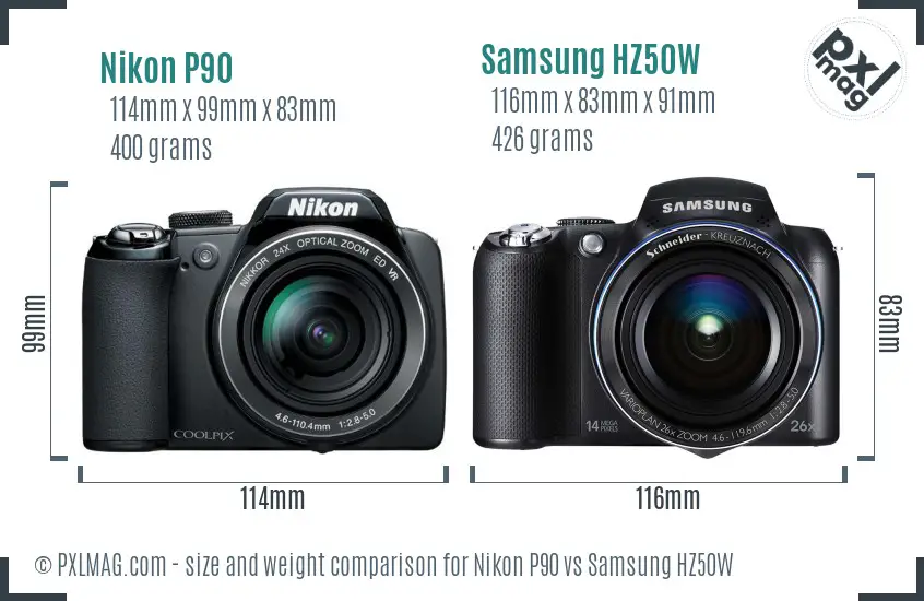 Nikon P90 vs Samsung HZ50W size comparison