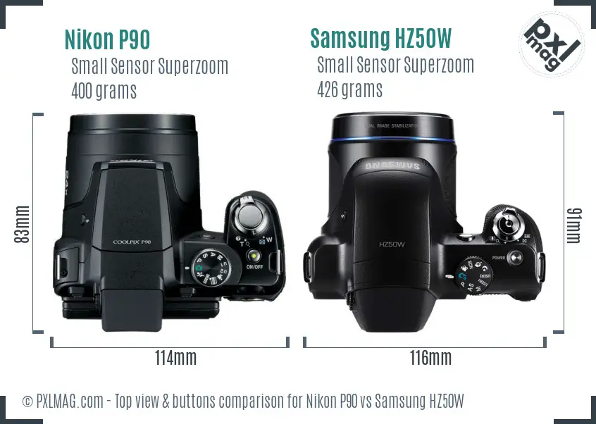 Nikon P90 vs Samsung HZ50W top view buttons comparison