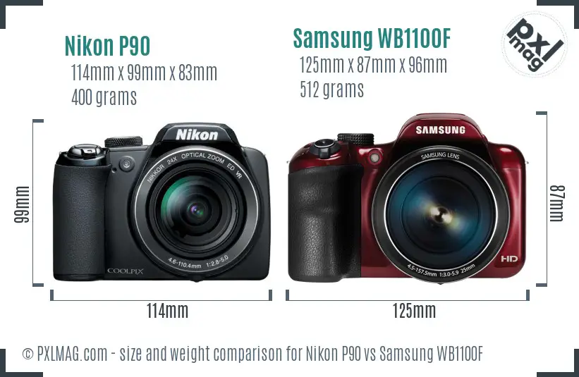 Nikon P90 vs Samsung WB1100F size comparison