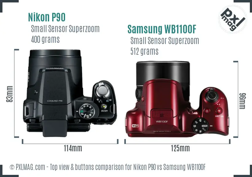 Nikon P90 vs Samsung WB1100F top view buttons comparison