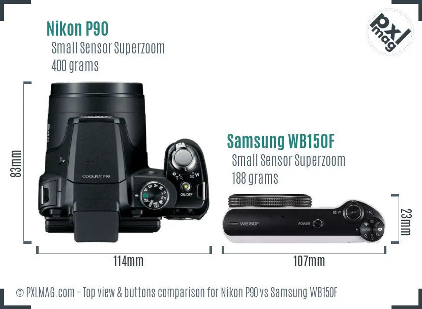 Nikon P90 vs Samsung WB150F top view buttons comparison Nikon P90 vs Samsung WB150F top view buttons comparison