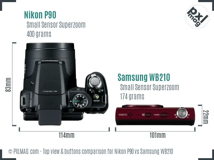 Nikon P90 vs Samsung WB210 top view buttons comparison