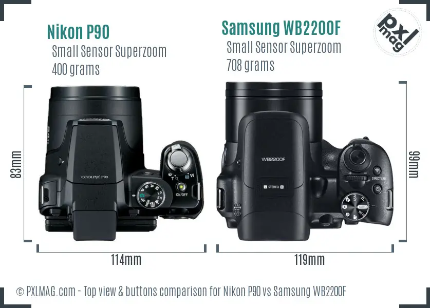 Nikon P90 vs Samsung WB2200F top view buttons comparison Nikon P90 vs Samsung WB2200F top view buttons comparison