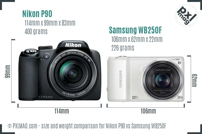 Nikon P90 vs Samsung WB250F size comparison