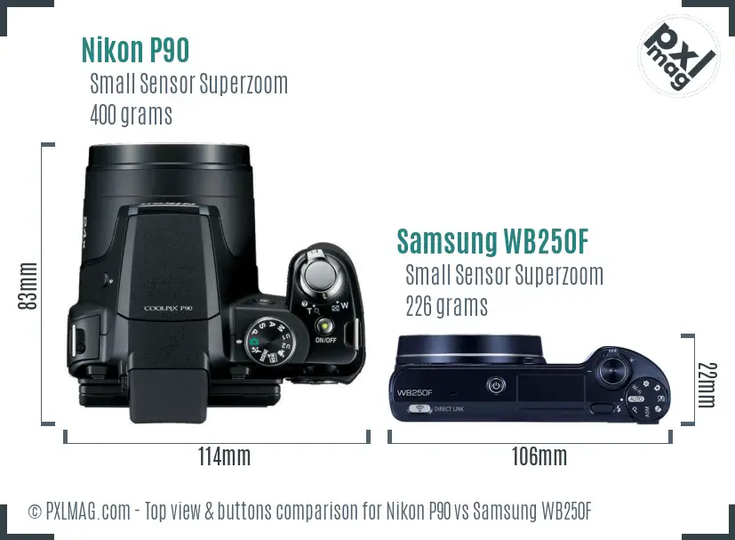 Nikon P90 vs Samsung WB250F top view buttons comparison