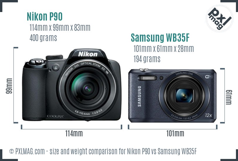 Nikon P90 vs Samsung WB35F size comparison