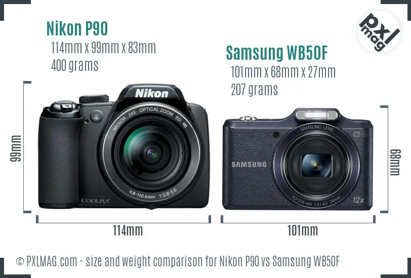 Nikon P90 vs Samsung WB50F size comparison