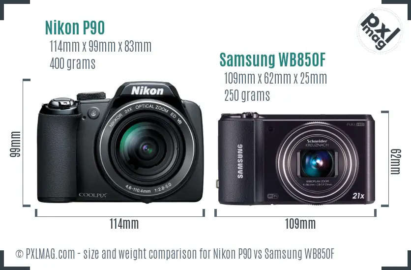 Nikon P90 vs Samsung WB850F size comparison