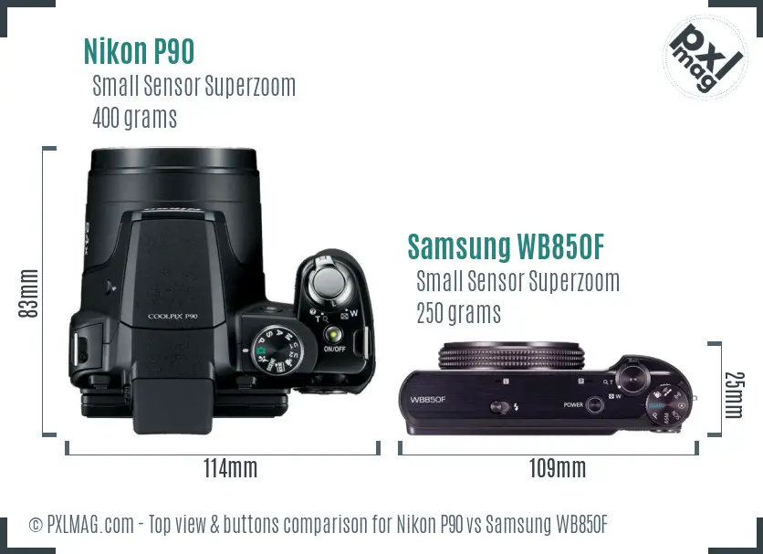 Nikon P90 vs Samsung WB850F top view buttons comparison