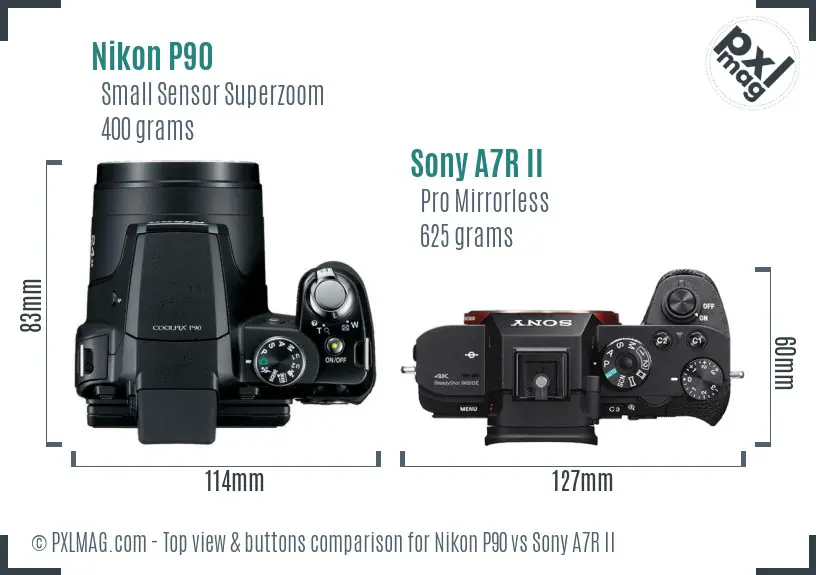 Nikon P90 vs Sony A7R II top view buttons comparison