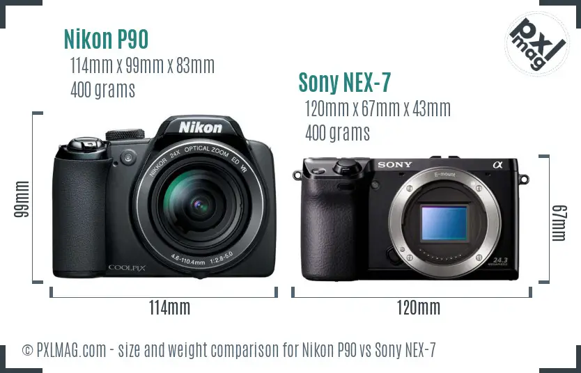 Nikon P90 vs Sony NEX-7 size comparison