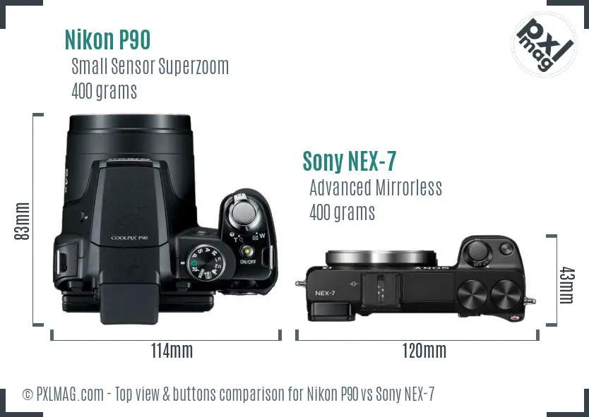 Nikon P90 vs Sony NEX-7 top view buttons comparison