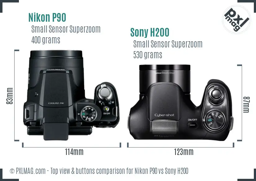 Nikon P90 vs Sony H200 top view buttons comparison