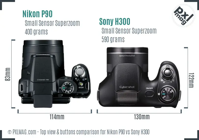 Nikon P90 vs Sony H300 top view buttons comparison