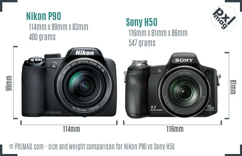 Nikon P90 vs Sony H50 size comparison