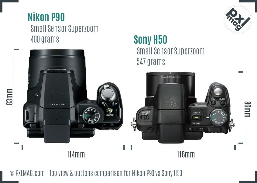 Nikon P90 vs Sony H50 top view buttons comparison