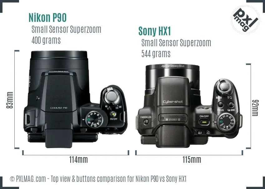 Nikon P90 vs Sony HX1 top view buttons comparison