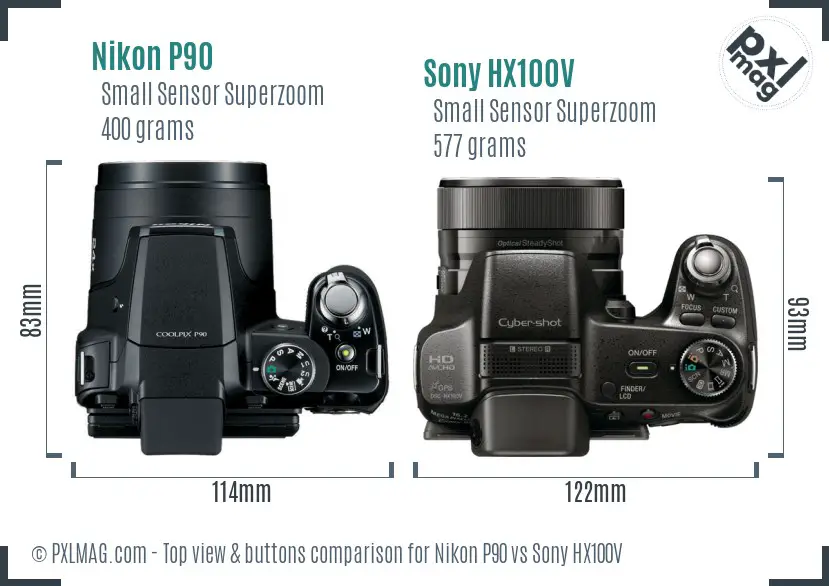 Nikon P90 vs Sony HX100V top view buttons comparison