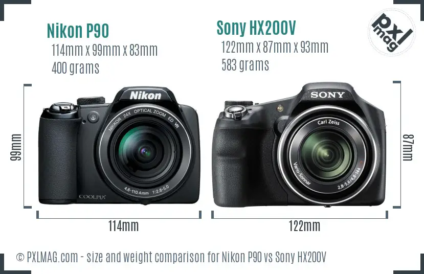 Nikon P90 vs Sony HX200V size comparison