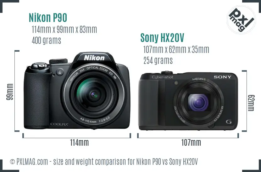 Nikon P90 vs Sony HX20V size comparison