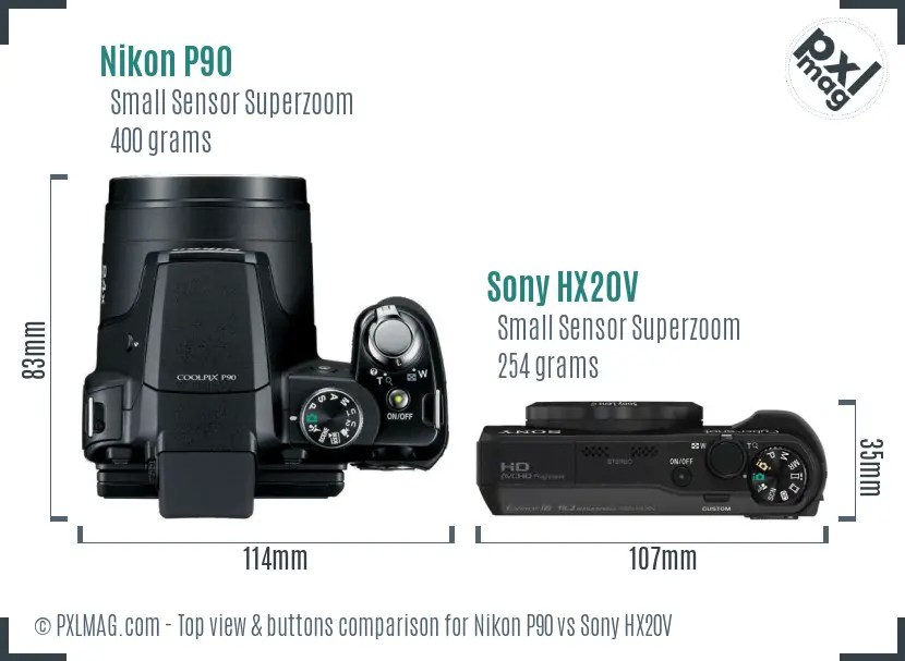 Nikon P90 vs Sony HX20V top view buttons comparison