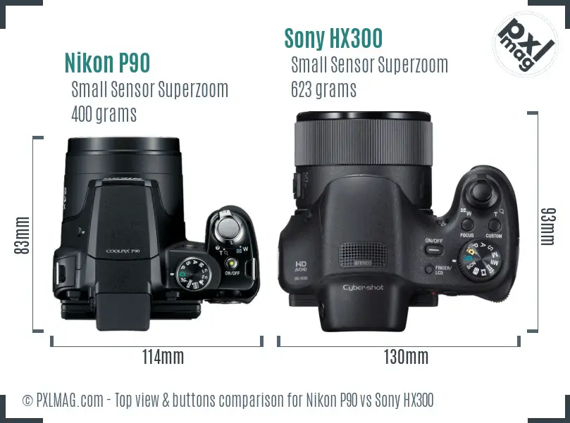 Nikon P90 vs Sony HX300 top view buttons comparison
