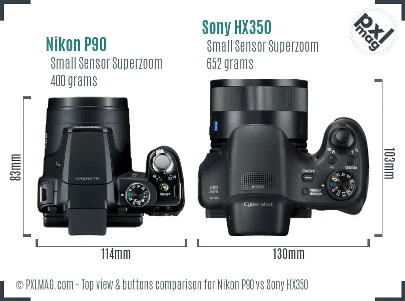 Nikon P90 vs Sony HX350 top view buttons comparison