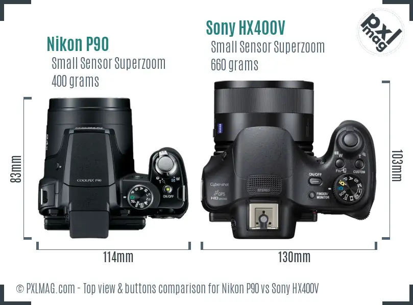 Nikon P90 vs Sony HX400V top view buttons comparison