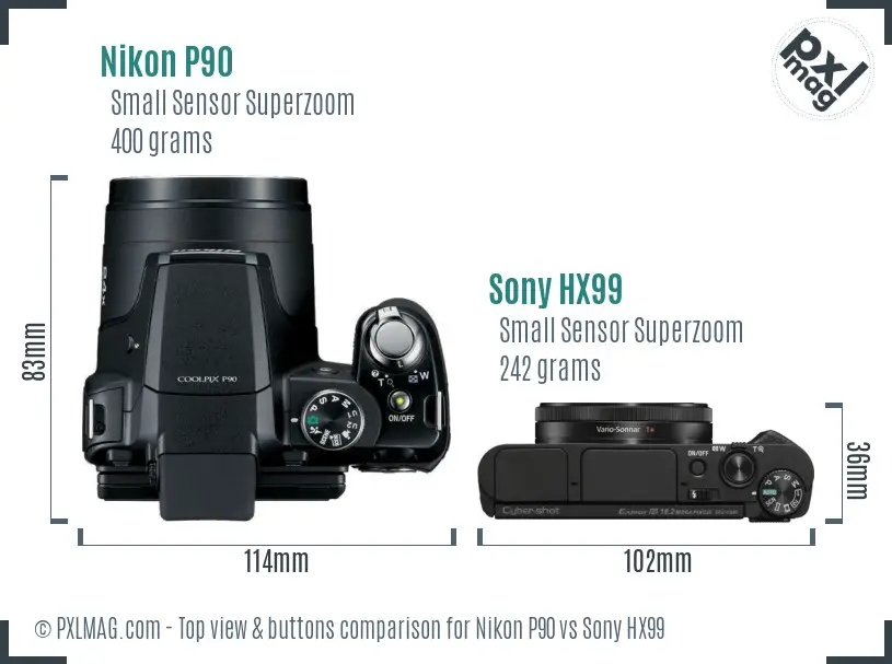 Nikon P90 vs Sony HX99 top view buttons comparison