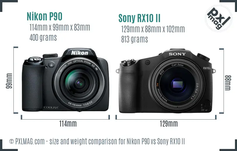Nikon P90 vs Sony RX10 II size comparison