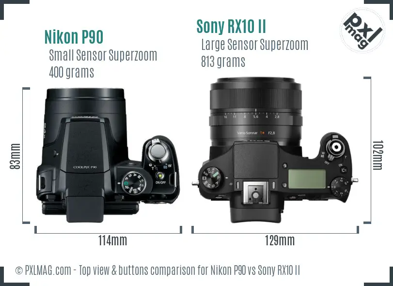 Nikon P90 vs Sony RX10 II top view buttons comparison