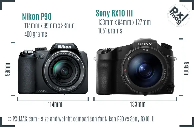 Nikon P90 vs Sony RX10 III size comparison